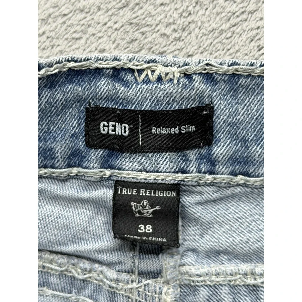 True Religion Jeans Mens Measure 37x33 Blue Geno Relaxed Slim Light Wash Stretch